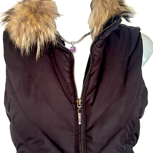 Vintage Black Quilted Puffer Vest Mob Wife Faux Fur Collar Gold  Zippers